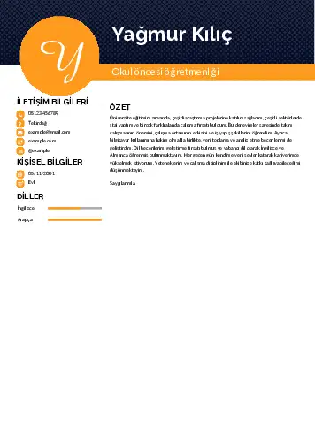 Okul Öncesi Öğretmeni Öğretmenliği Cv Örnekleri cv indir